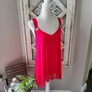 Blumin Women's Boho Grommet Fringe Hem T-shirt Tunic Tank Top Tee in Red